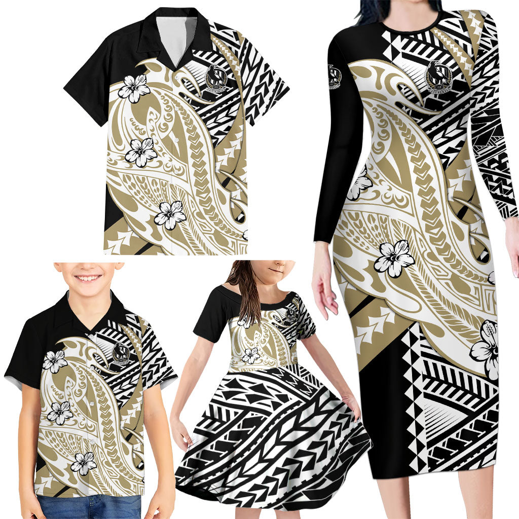 Personalized Collingwood Magpies Family Matching Long Sleeve Bodycon Dress and Hawaiian Shirt Polynesian Tribal Magpie Mascot With Hibiscus Floral Art