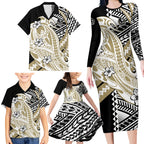 Personalized Collingwood Magpies Family Matching Long Sleeve Bodycon Dress and Hawaiian Shirt Polynesian Tribal Magpie Mascot With Hibiscus Floral Art