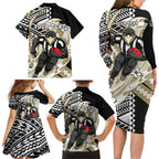 Personalized Collingwood Magpies Family Matching Long Sleeve Bodycon Dress and Hawaiian Shirt Polynesian Tribal Magpie Mascot With Hibiscus Floral Art