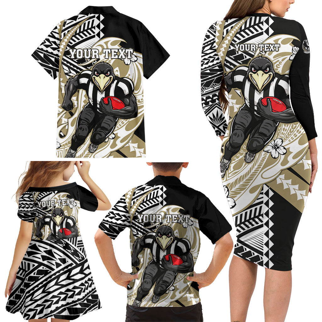 Personalized Collingwood Magpies Family Matching Long Sleeve Bodycon Dress and Hawaiian Shirt Polynesian Tribal Magpie Mascot With Hibiscus Floral Art