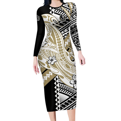 Personalized Collingwood Magpies Family Matching Long Sleeve Bodycon Dress and Hawaiian Shirt Polynesian Tribal Magpie Mascot With Hibiscus Floral Art