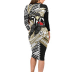 Personalized Collingwood Magpies Family Matching Long Sleeve Bodycon Dress and Hawaiian Shirt Polynesian Tribal Magpie Mascot With Hibiscus Floral Art