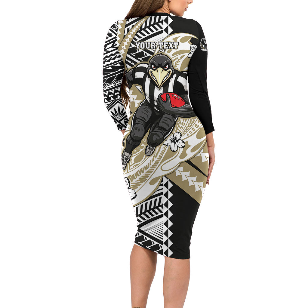Personalized Collingwood Magpies Family Matching Long Sleeve Bodycon Dress and Hawaiian Shirt Polynesian Tribal Magpie Mascot With Hibiscus Floral Art