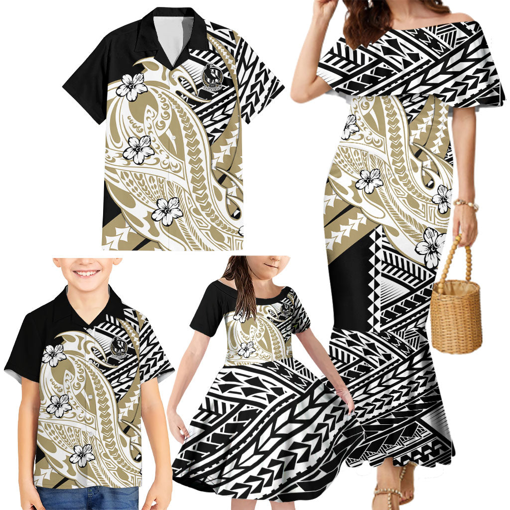 Personalized Collingwood Magpies Family Matching Mermaid Dress and Hawaiian Shirt Polynesian Tribal Magpie Mascot With Hibiscus Floral Art