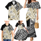 Personalized Collingwood Magpies Family Matching Mermaid Dress and Hawaiian Shirt Polynesian Tribal Magpie Mascot With Hibiscus Floral Art