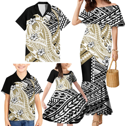 Personalized Collingwood Magpies Family Matching Mermaid Dress and Hawaiian Shirt Polynesian Tribal Magpie Mascot With Hibiscus Floral Art