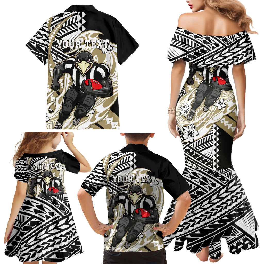 Personalized Collingwood Magpies Family Matching Mermaid Dress and Hawaiian Shirt Polynesian Tribal Magpie Mascot With Hibiscus Floral Art