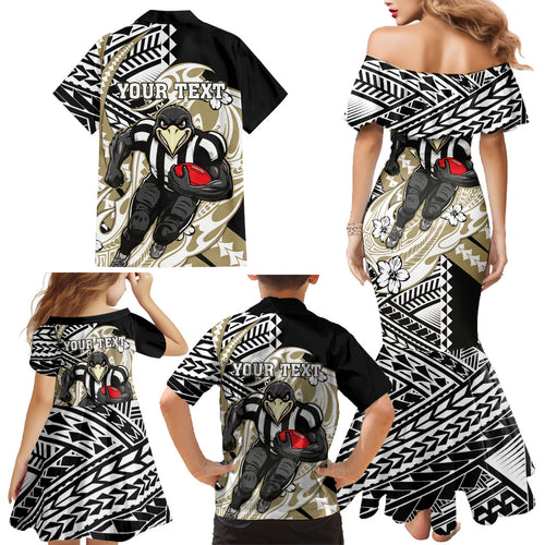 Personalized Collingwood Magpies Family Matching Mermaid Dress and Hawaiian Shirt Polynesian Tribal Magpie Mascot With Hibiscus Floral Art