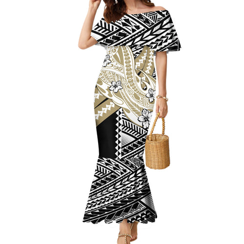 Personalized Collingwood Magpies Family Matching Mermaid Dress and Hawaiian Shirt Polynesian Tribal Magpie Mascot With Hibiscus Floral Art