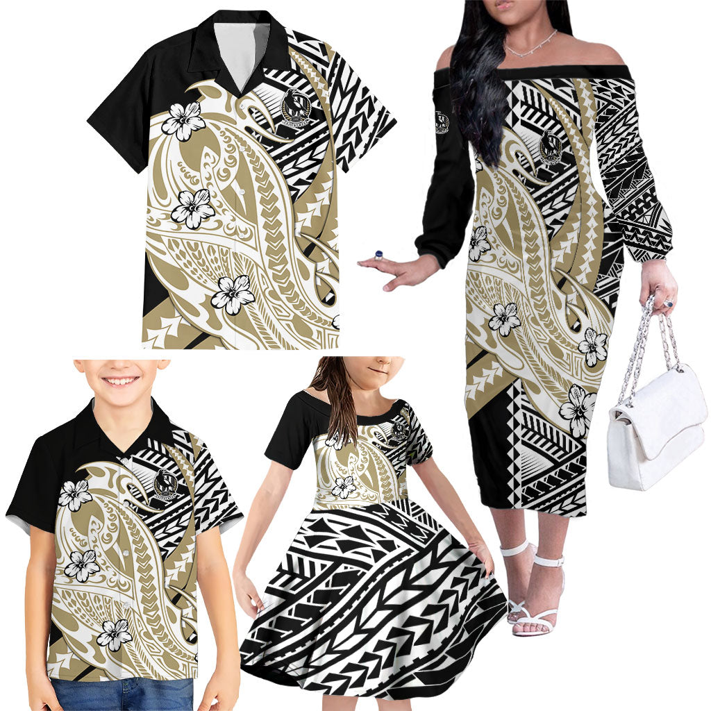 Personalized Collingwood Magpies Family Matching Off The Shoulder Long Sleeve Dress and Hawaiian Shirt Polynesian Tribal Magpie Mascot With Hibiscus Floral Art