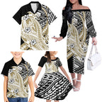 Personalized Collingwood Magpies Family Matching Off The Shoulder Long Sleeve Dress and Hawaiian Shirt Polynesian Tribal Magpie Mascot With Hibiscus Floral Art