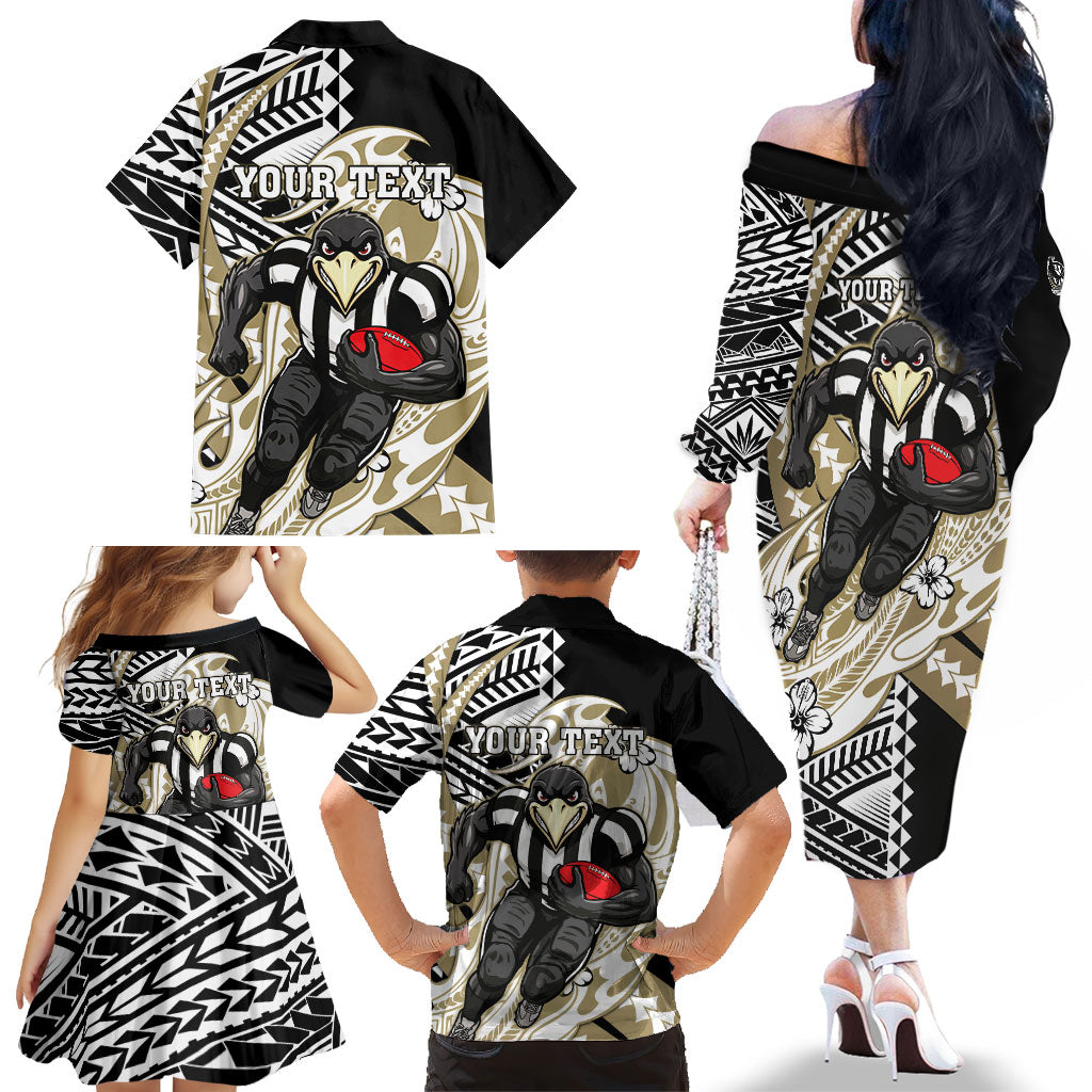Personalized Collingwood Magpies Family Matching Off The Shoulder Long Sleeve Dress and Hawaiian Shirt Polynesian Tribal Magpie Mascot With Hibiscus Floral Art