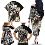 Personalized Collingwood Magpies Family Matching Off The Shoulder Long Sleeve Dress and Hawaiian Shirt Polynesian Tribal Magpie Mascot With Hibiscus Floral Art