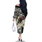 Personalized Collingwood Magpies Family Matching Off The Shoulder Long Sleeve Dress and Hawaiian Shirt Polynesian Tribal Magpie Mascot With Hibiscus Floral Art