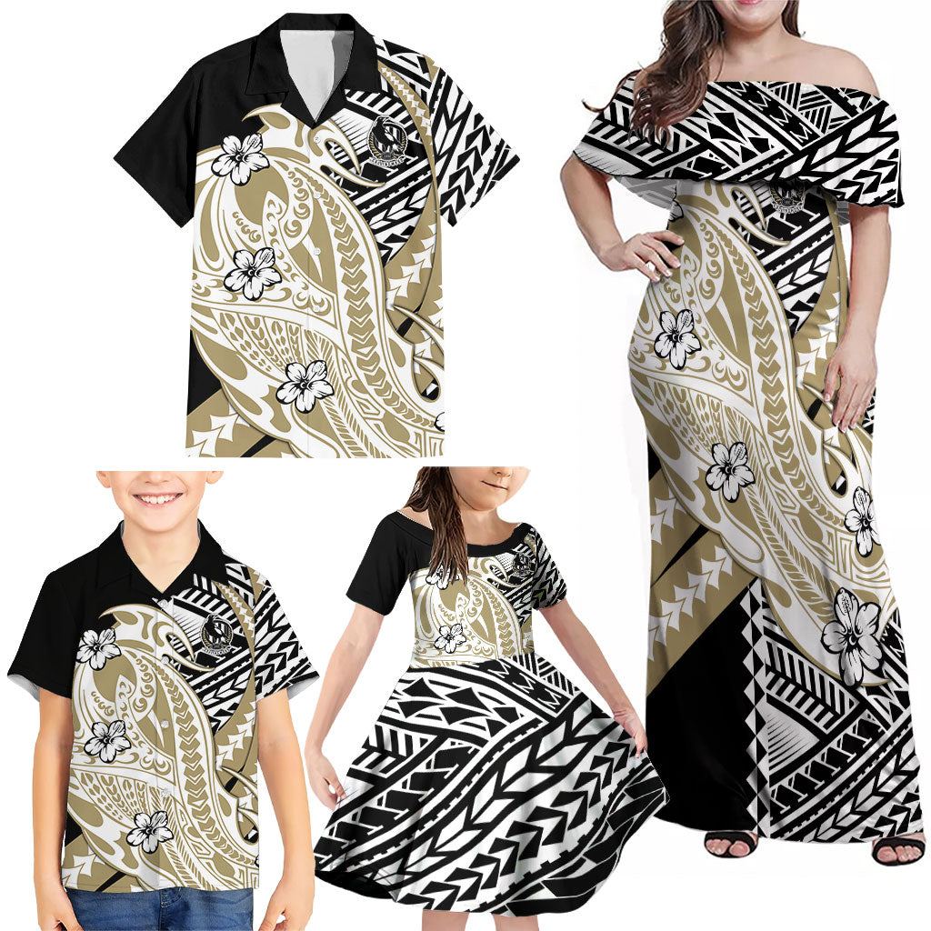 Personalized Collingwood Magpies Family Matching Off Shoulder Maxi Dress and Hawaiian Shirt Polynesian Tribal Magpie Mascot With Hibiscus Floral Art