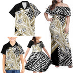 Personalized Collingwood Magpies Family Matching Off Shoulder Maxi Dress and Hawaiian Shirt Polynesian Tribal Magpie Mascot With Hibiscus Floral Art