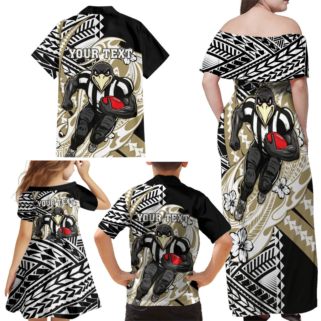 Personalized Collingwood Magpies Family Matching Off Shoulder Maxi Dress and Hawaiian Shirt Polynesian Tribal Magpie Mascot With Hibiscus Floral Art
