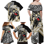 Personalized Collingwood Magpies Family Matching Off Shoulder Maxi Dress and Hawaiian Shirt Polynesian Tribal Magpie Mascot With Hibiscus Floral Art