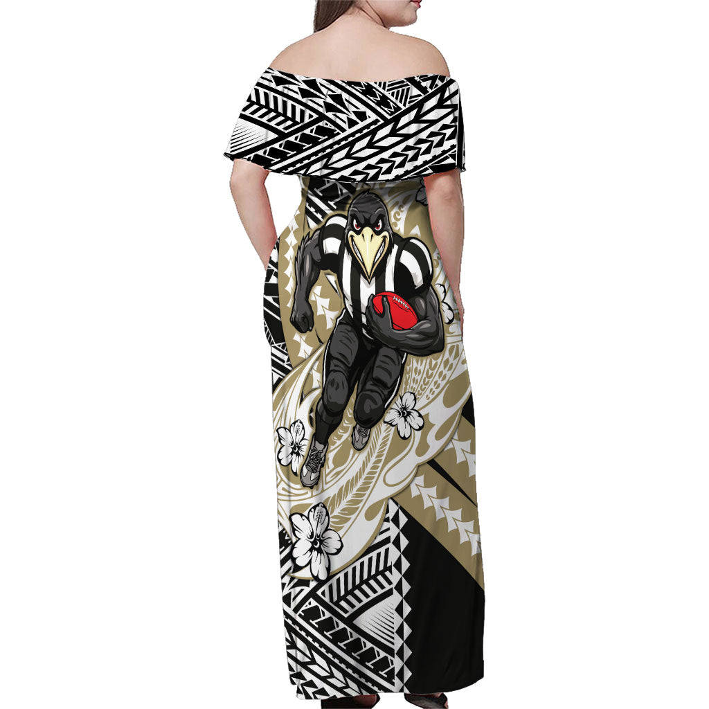 Personalized Collingwood Magpies Family Matching Off Shoulder Maxi Dress and Hawaiian Shirt Polynesian Tribal Magpie Mascot With Hibiscus Floral Art