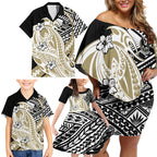 Personalized Collingwood Magpies Family Matching Off Shoulder Short Dress and Hawaiian Shirt Polynesian Tribal Magpie Mascot With Hibiscus Floral Art