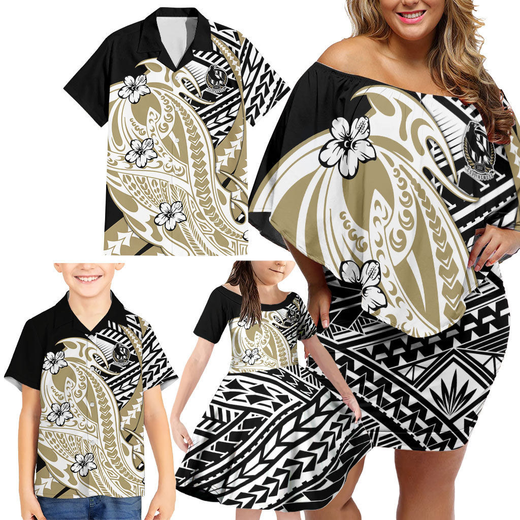 Personalized Collingwood Magpies Family Matching Off Shoulder Short Dress and Hawaiian Shirt Polynesian Tribal Magpie Mascot With Hibiscus Floral Art