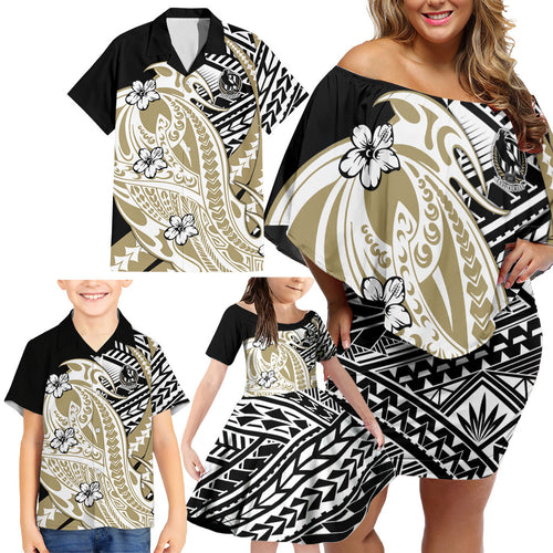 Personalized Collingwood Magpies Family Matching Off Shoulder Short Dress and Hawaiian Shirt Polynesian Tribal Magpie Mascot With Hibiscus Floral Art