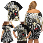 Personalized Collingwood Magpies Family Matching Off Shoulder Short Dress and Hawaiian Shirt Polynesian Tribal Magpie Mascot With Hibiscus Floral Art