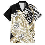 Personalized Collingwood Magpies Family Matching Off Shoulder Short Dress and Hawaiian Shirt Polynesian Tribal Magpie Mascot With Hibiscus Floral Art