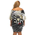 Personalized Collingwood Magpies Family Matching Off Shoulder Short Dress and Hawaiian Shirt Polynesian Tribal Magpie Mascot With Hibiscus Floral Art