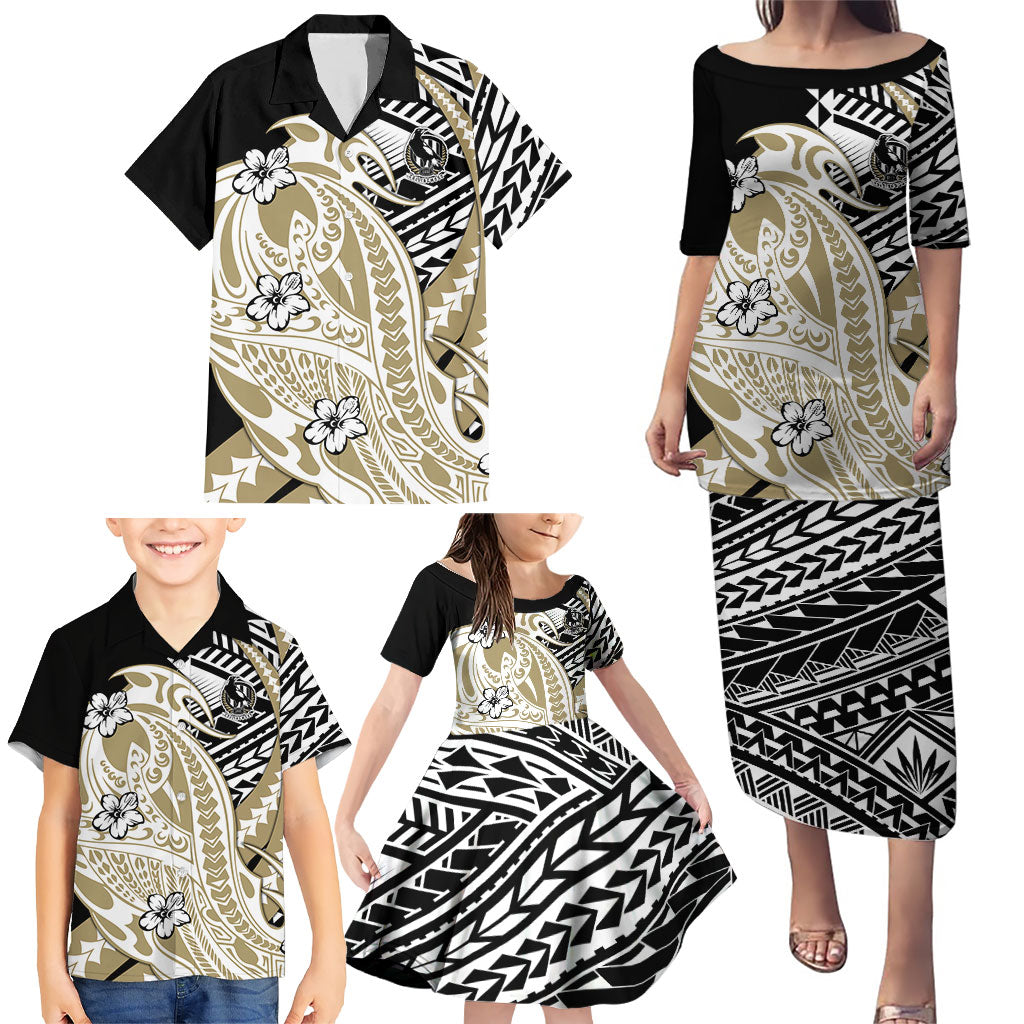 Personalized Collingwood Magpies Family Matching Puletasi and Hawaiian Shirt Polynesian Tribal Magpie Mascot With Hibiscus Floral Art