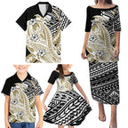 Personalized Collingwood Magpies Family Matching Puletasi and Hawaiian Shirt Polynesian Tribal Magpie Mascot With Hibiscus Floral Art