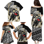 Personalized Collingwood Magpies Family Matching Puletasi and Hawaiian Shirt Polynesian Tribal Magpie Mascot With Hibiscus Floral Art
