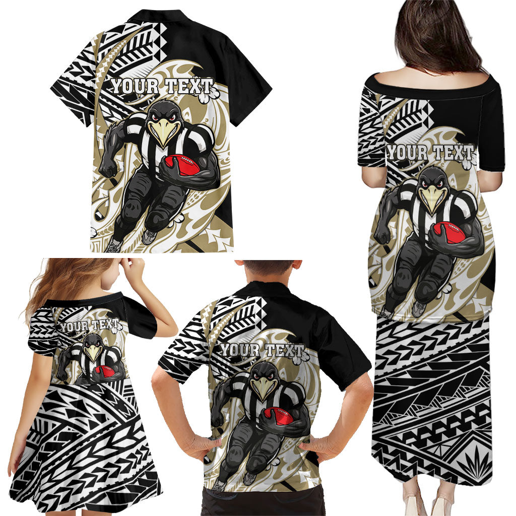 Personalized Collingwood Magpies Family Matching Puletasi and Hawaiian Shirt Polynesian Tribal Magpie Mascot With Hibiscus Floral Art