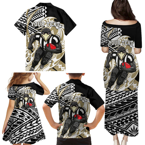Personalized Collingwood Magpies Family Matching Puletasi and Hawaiian Shirt Polynesian Tribal Magpie Mascot With Hibiscus Floral Art
