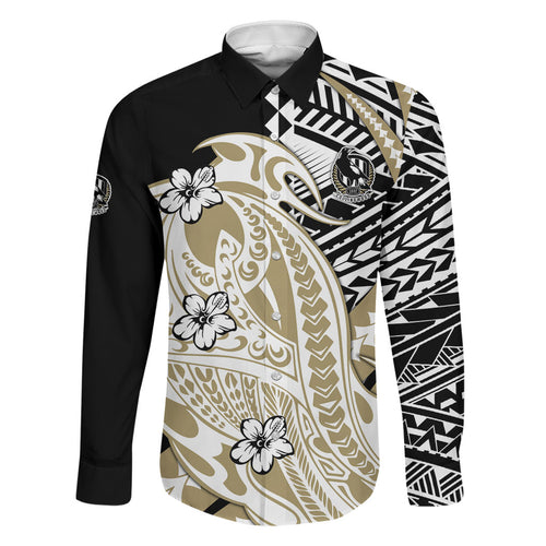 Personalized Collingwood Magpies Family Matching Puletasi and Hawaiian Shirt Polynesian Tribal Magpie Mascot With Hibiscus Floral Art