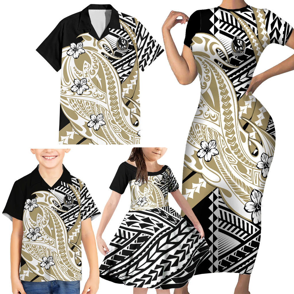 Personalized Collingwood Magpies Family Matching Short Sleeve Bodycon Dress and Hawaiian Shirt Polynesian Tribal Magpie Mascot With Hibiscus Floral Art