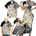 Personalized Collingwood Magpies Family Matching Short Sleeve Bodycon Dress and Hawaiian Shirt Polynesian Tribal Magpie Mascot With Hibiscus Floral Art