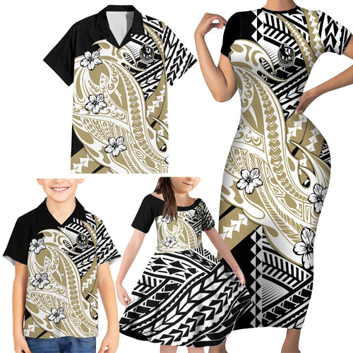 Personalized Collingwood Magpies Family Matching Short Sleeve Bodycon Dress and Hawaiian Shirt Polynesian Tribal Magpie Mascot With Hibiscus Floral Art