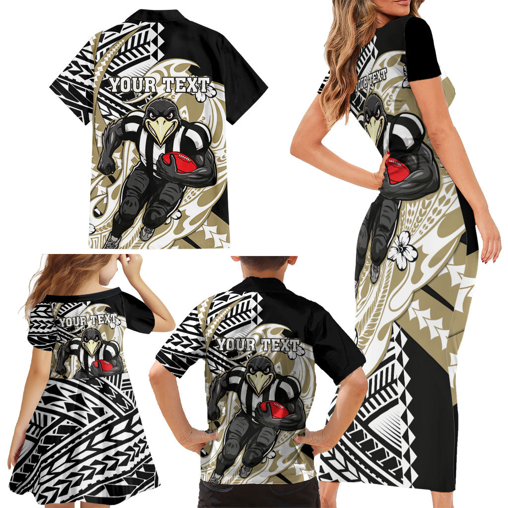 Personalized Collingwood Magpies Family Matching Short Sleeve Bodycon Dress and Hawaiian Shirt Polynesian Tribal Magpie Mascot With Hibiscus Floral Art