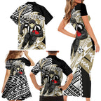 Personalized Collingwood Magpies Family Matching Short Sleeve Bodycon Dress and Hawaiian Shirt Polynesian Tribal Magpie Mascot With Hibiscus Floral Art