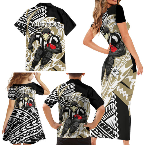 Personalized Collingwood Magpies Family Matching Short Sleeve Bodycon Dress and Hawaiian Shirt Polynesian Tribal Magpie Mascot With Hibiscus Floral Art