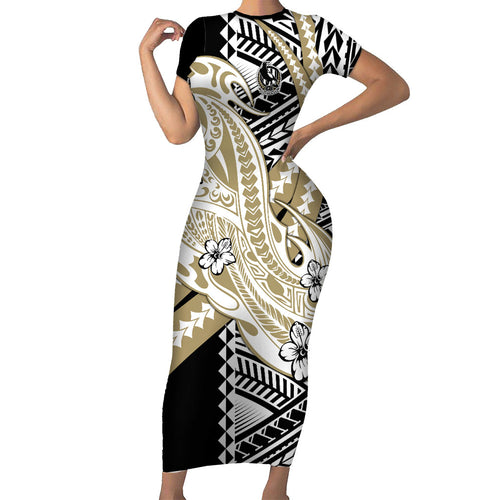 Personalized Collingwood Magpies Family Matching Short Sleeve Bodycon Dress and Hawaiian Shirt Polynesian Tribal Magpie Mascot With Hibiscus Floral Art