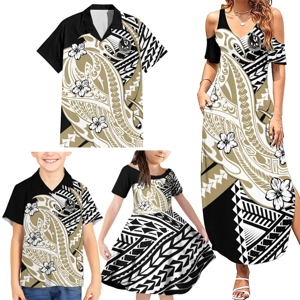Personalized Collingwood Magpies Family Matching Summer Maxi Dress and Hawaiian Shirt Polynesian Tribal Magpie Mascot With Hibiscus Floral Art