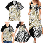 Personalized Collingwood Magpies Family Matching Summer Maxi Dress and Hawaiian Shirt Polynesian Tribal Magpie Mascot With Hibiscus Floral Art