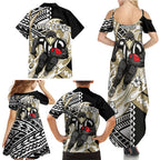 Personalized Collingwood Magpies Family Matching Summer Maxi Dress and Hawaiian Shirt Polynesian Tribal Magpie Mascot With Hibiscus Floral Art