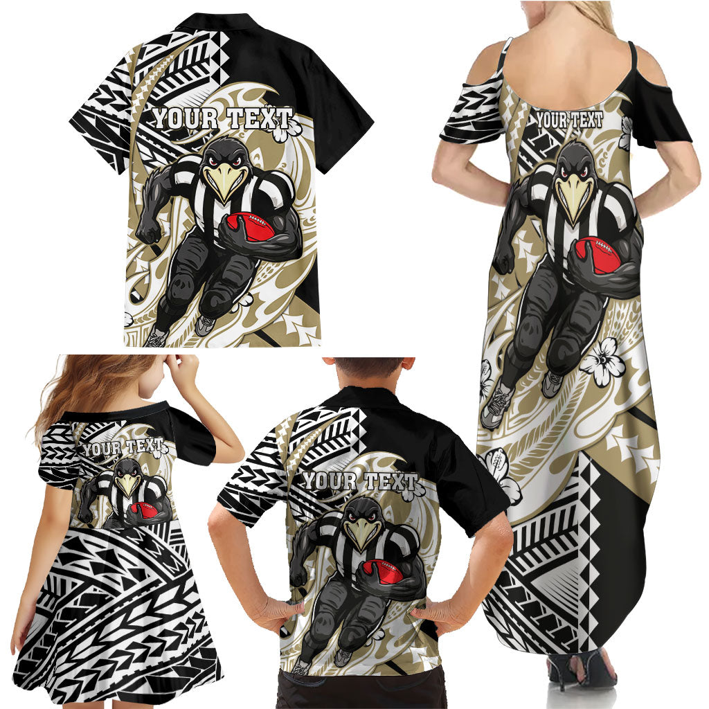 Personalized Collingwood Magpies Family Matching Summer Maxi Dress and Hawaiian Shirt Polynesian Tribal Magpie Mascot With Hibiscus Floral Art
