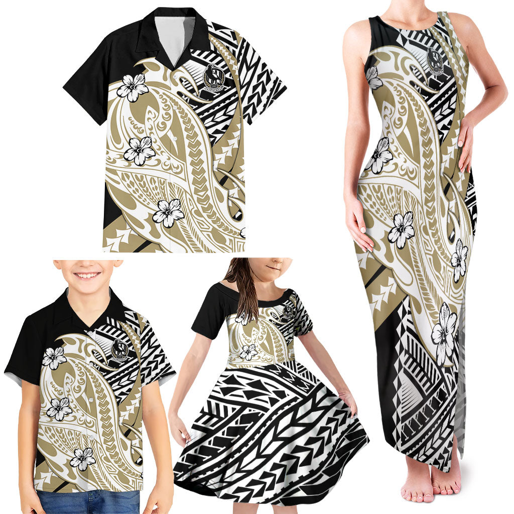 Personalized Collingwood Magpies Family Matching Tank Maxi Dress and Hawaiian Shirt Polynesian Tribal Magpie Mascot With Hibiscus Floral Art