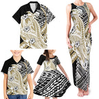 Personalized Collingwood Magpies Family Matching Tank Maxi Dress and Hawaiian Shirt Polynesian Tribal Magpie Mascot With Hibiscus Floral Art