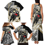 Personalized Collingwood Magpies Family Matching Tank Maxi Dress and Hawaiian Shirt Polynesian Tribal Magpie Mascot With Hibiscus Floral Art