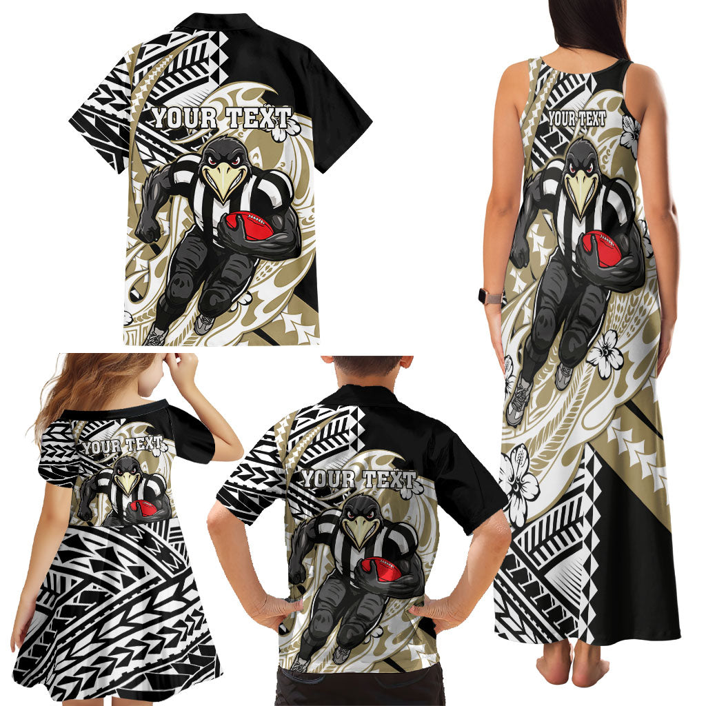 Personalized Collingwood Magpies Family Matching Tank Maxi Dress and Hawaiian Shirt Polynesian Tribal Magpie Mascot With Hibiscus Floral Art